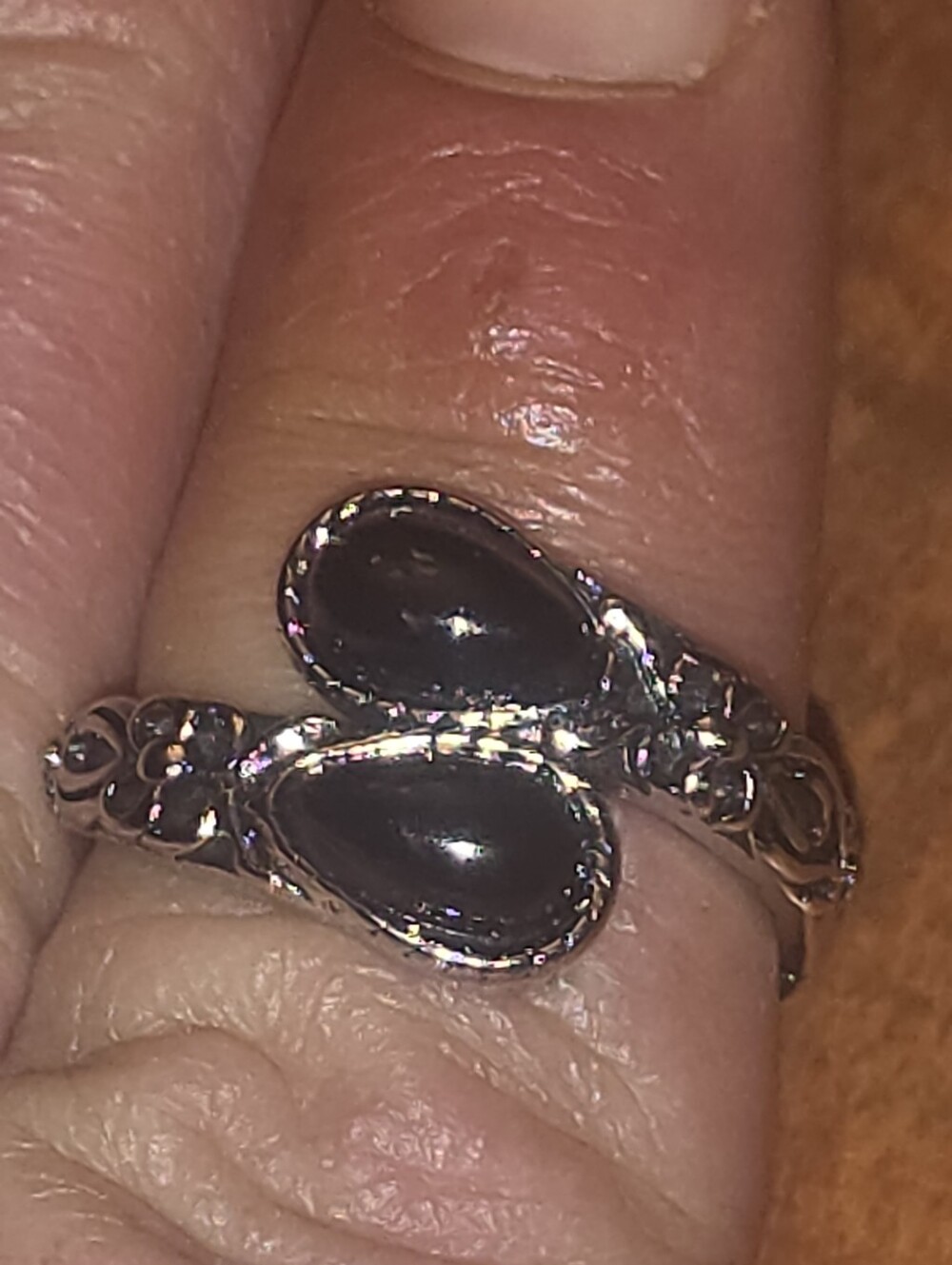Silver Tone Adjustable Spoon Ring With Obsidian Black Stones
